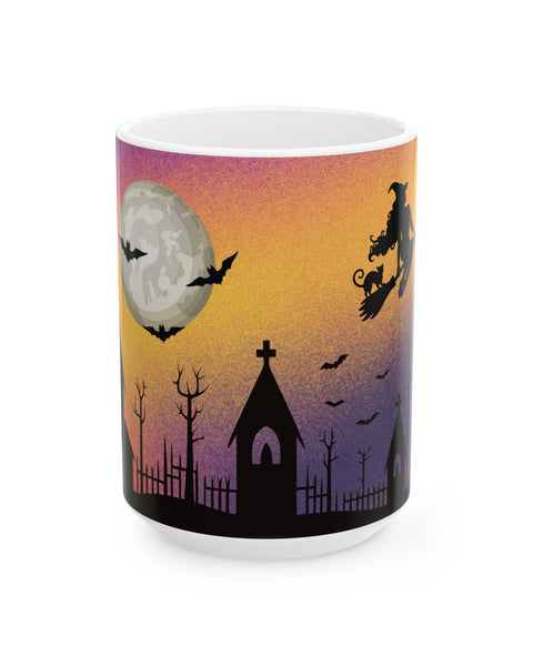 Halloween-themed mug with a design of a full moon, bats, and a witch on a broomstick against a purple and orange gradient background.