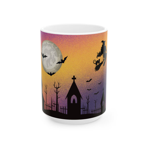Halloween-themed mug with a design of a full moon, bats, and a witch on a broomstick against a purple and orange gradient background.