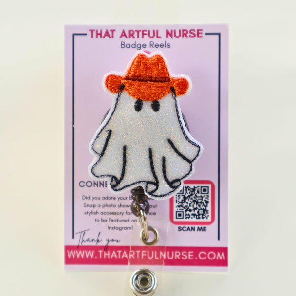 Ghost badge reel with orange wrangler hat 