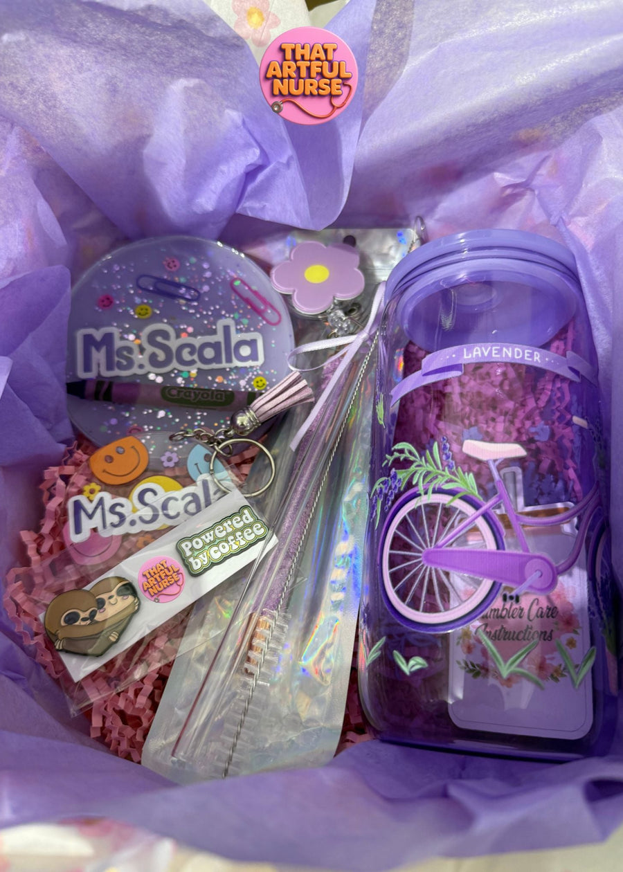 teacher's appreciation gift box decorated purple (teacher's favorite color) containing personalized (with teacher's name) resin coaster, keychain, and a lavender-themed tumbler. 