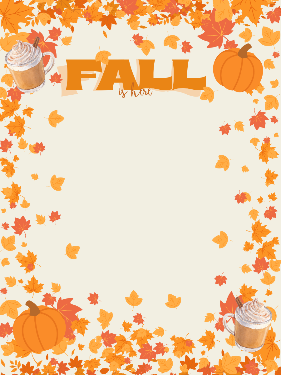  Fall-themed design with pumpkins, leaves, and mugs on a white background
