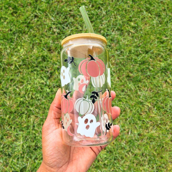 Clear tumbler with cute ghost designs and pumpkins