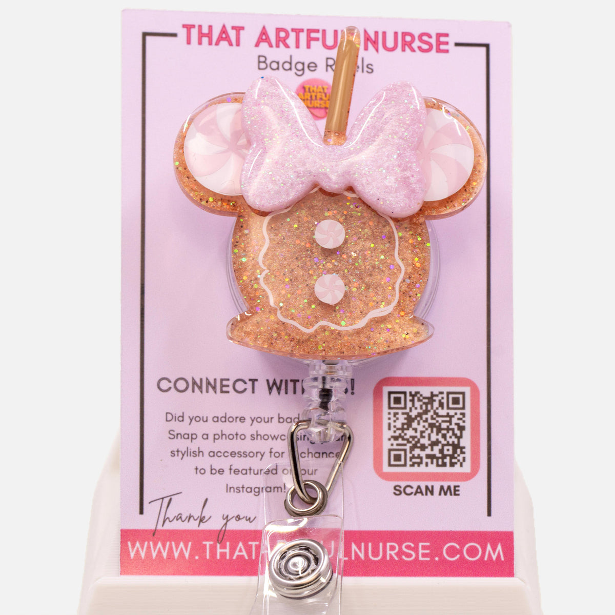 Pink Gingerbread Bow Badge Reel