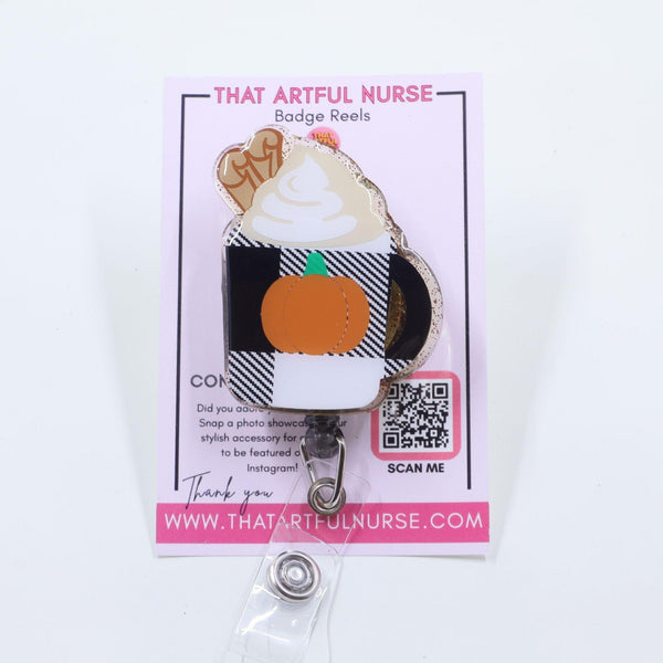 Fall-themed badge reel featuring a pumpkin spice latte with whipped cream.