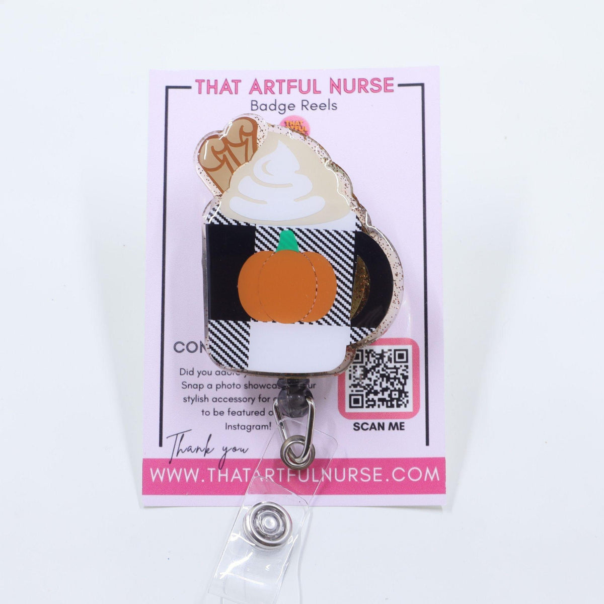 Fall-themed badge reel featuring a pumpkin spice latte with whipped cream.