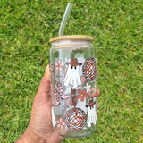 126oz glass can with cute ghost illustrations, colorful flowers, and disco balls, featuring a bamboo lid and reusable glass straw – perfect for Halloween or fall-themed drinks.