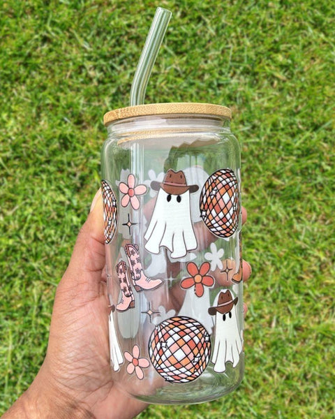 126oz glass can with cute ghost illustrations, colorful flowers, and disco balls, featuring a bamboo lid and reusable glass straw – perfect for Halloween or fall-themed drinks.