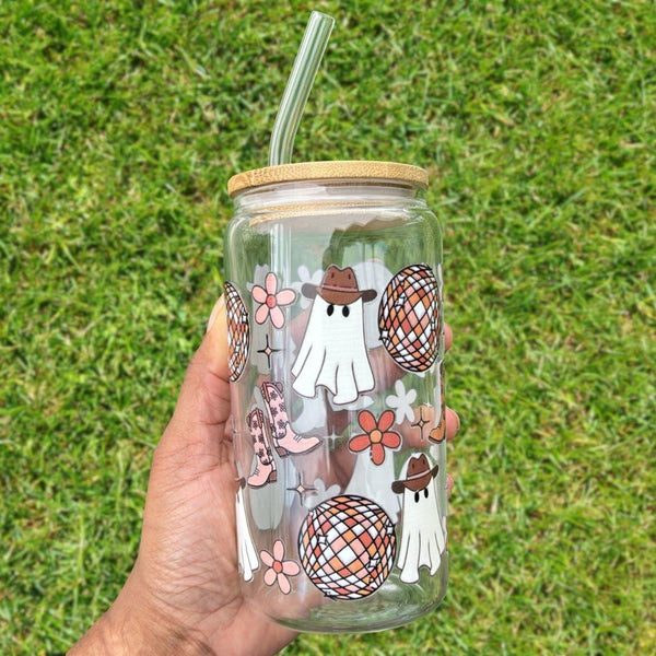 126oz glass can with cute ghost illustrations, colorful flowers, and disco balls, featuring a bamboo lid and reusable glass straw – perfect for Halloween or fall-themed drinks.