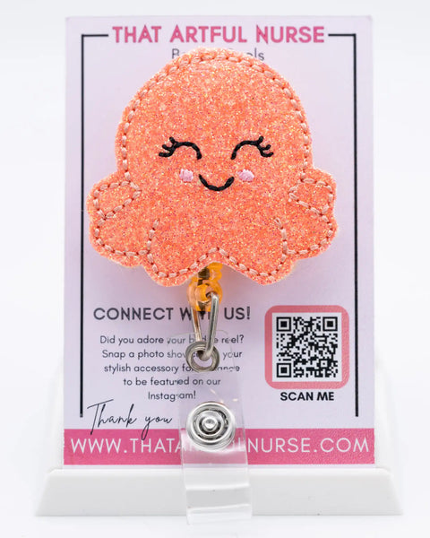 Twinkle Tentacles pink glitter squid badge reel with embroidered details