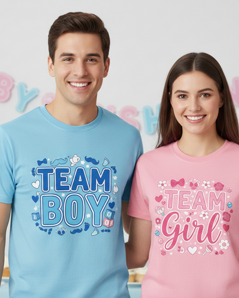 Man and woman wearing 'Team Boy' and 'Team Girl' shirts in a gender reveal party setting.