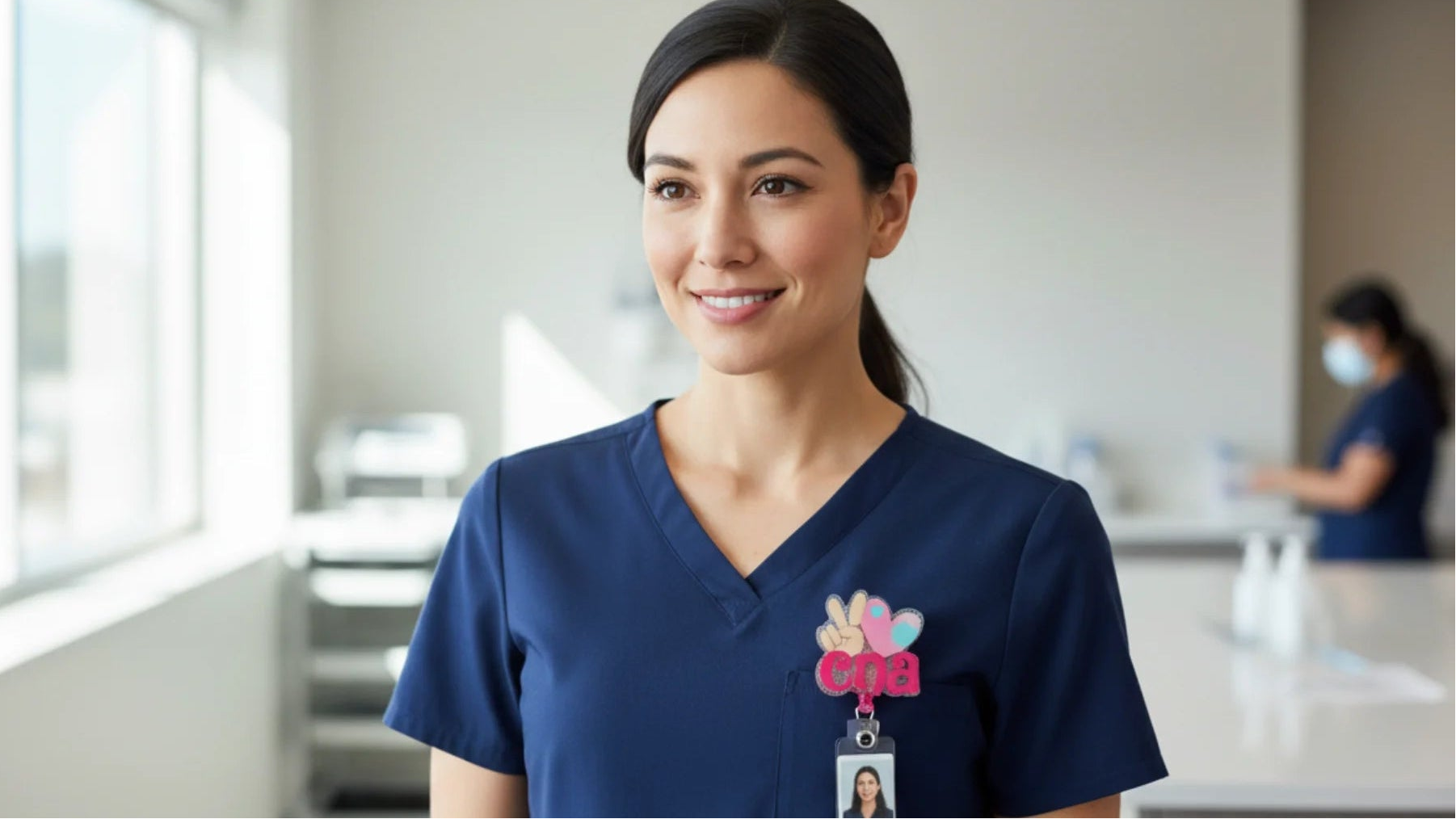  CNA wearing a blue uniform displaying a colorful bagde reel in a hospital setting
