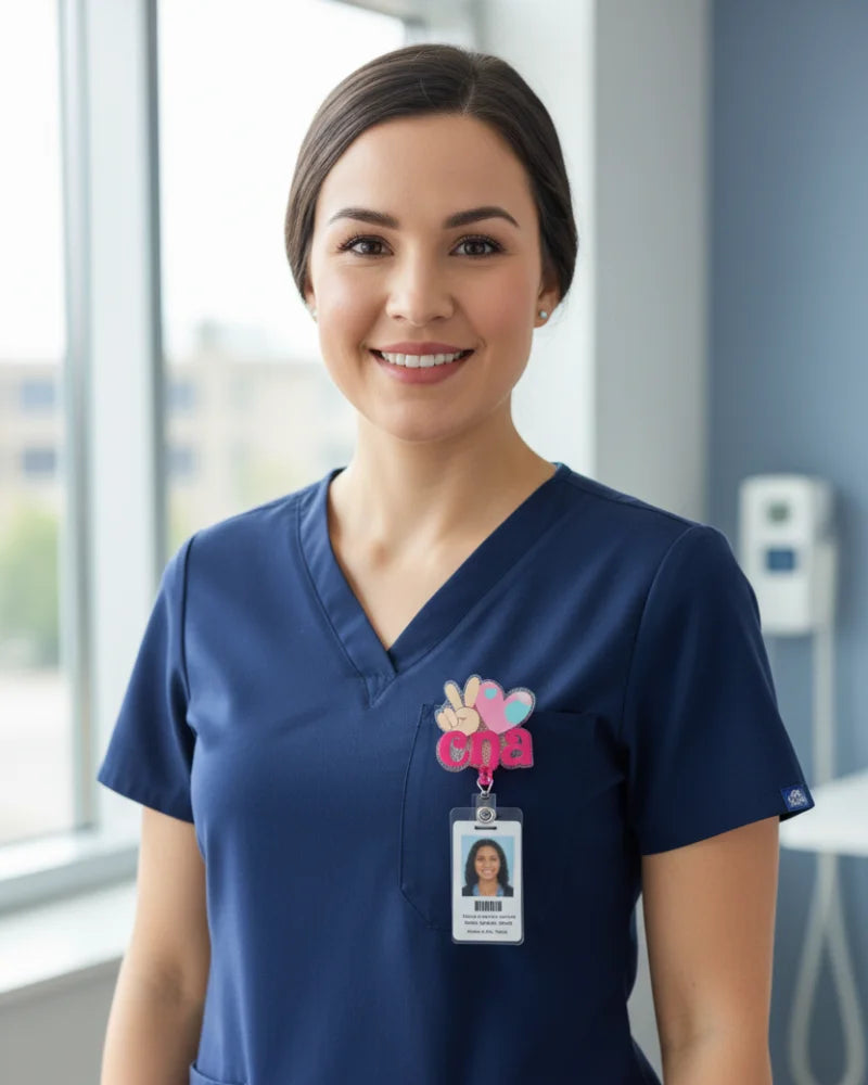 CNA wearing a blue uniform displaying a colorful bagde reel in a hospital setting