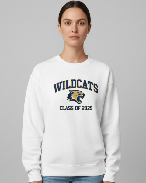 Person wearing a white sweatshirt with 'Wildcats Class of 2025' text and logo on a gray background