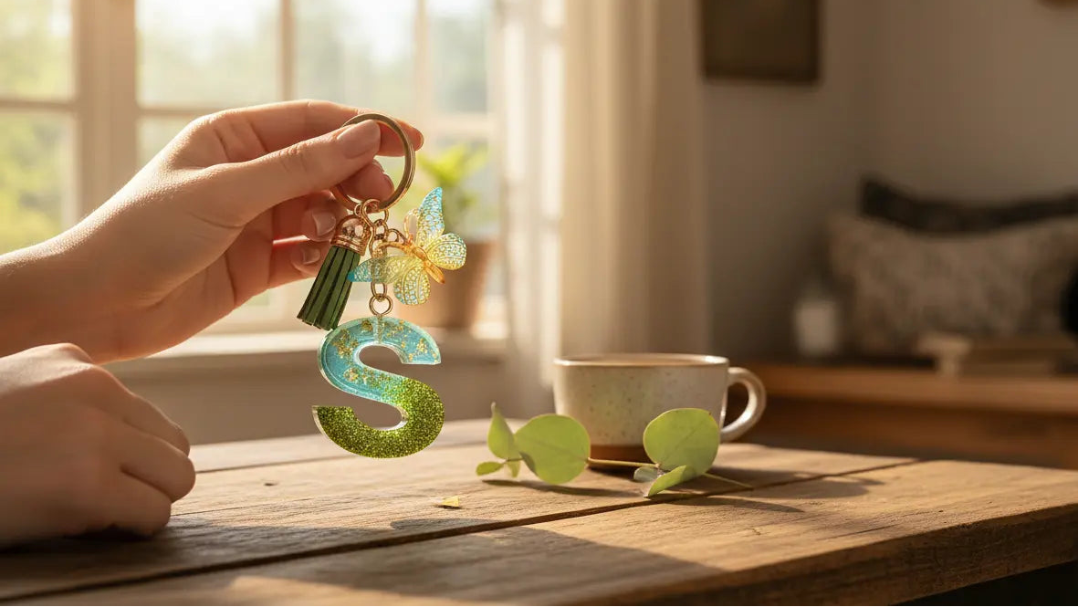  Person holding a decorative keychain with a 'S' on a wooden table, with a cup and small figurines in the background.