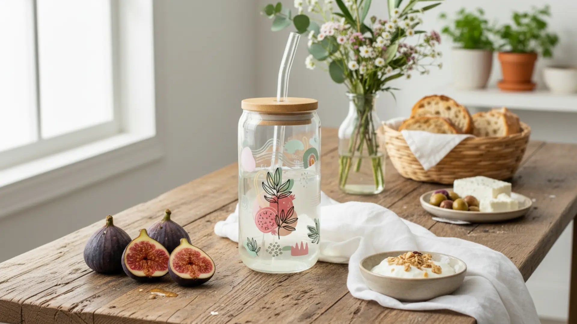  Clear glass jar with floral design on a wooden table with figs, flowers, and bread.