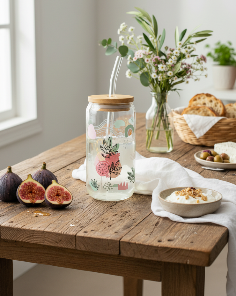  Clear glass jar with floral design on a wooden table with figs, flowers, and bread.