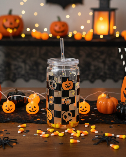 Halloween Checkered Snow Globe Tumbler Lifestyle
