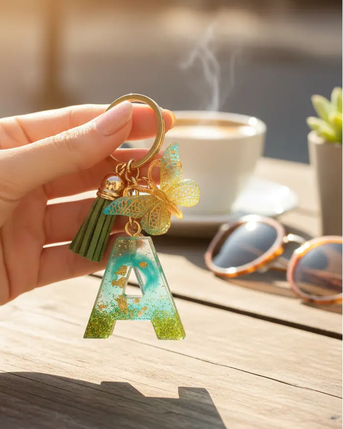 Keychain with letter 'A' held by a hand on a wooden surface with a cup of coffee and sunglasses in the background.