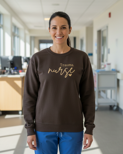 Trauma nurse wearing the sweatshirt in hospital setting
